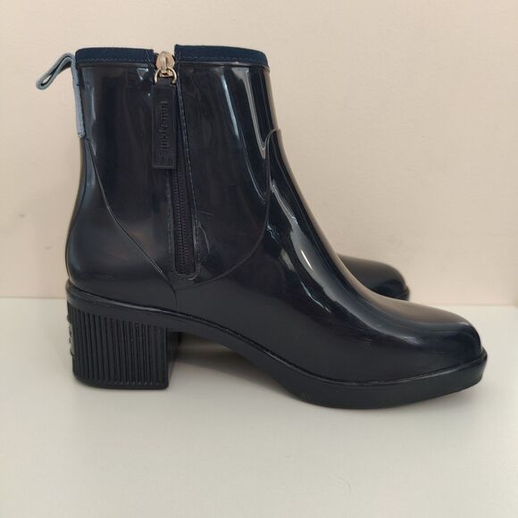 Kate Spade Puddle Rain Boots Navy Chunky Heel Dark Academia Size 9 - Picture 1 of 10